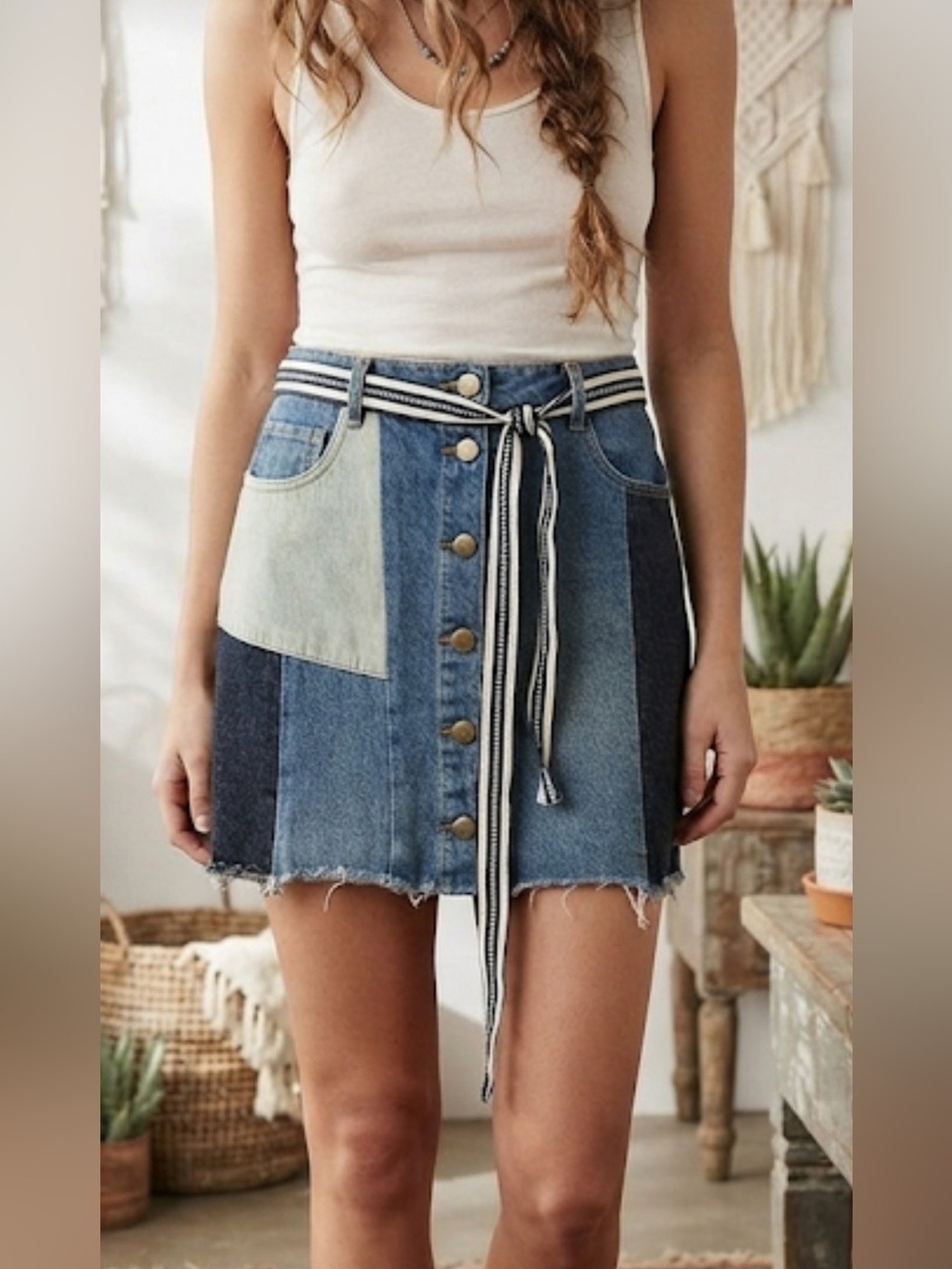SUNCOO Paris Belted Button Front Denim Mini Skirt Parisian Chic Size 0